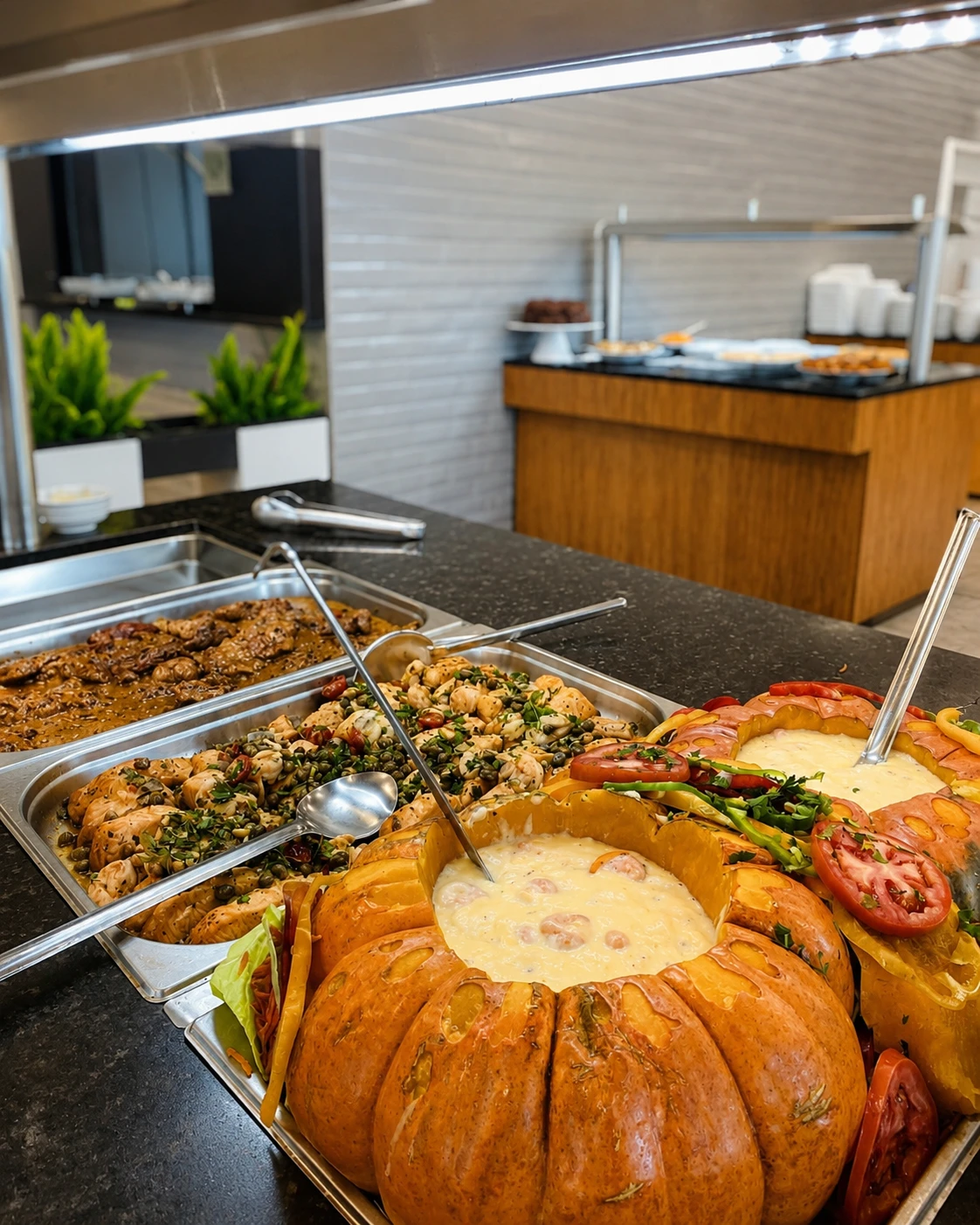 Pratos servidos no buffet à vontade